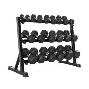 cap barbell rubber coated dumbbell set with storage rack (5-50 lb set with three tier rack, hex)