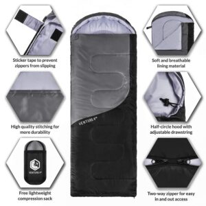 VENTURE 4TH Summer Sleeping Bag, Single, Regular Size - Lightweight, Comfortable, Water Resistant Backpacking Sleeping Bag for Adults & Kids - Ideal for Hiking, Camping & Outdoor - Black/Silver