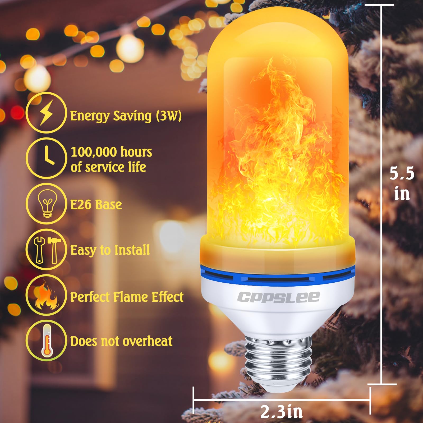 CPPSLEE LED Flame Light Bulbs, 4 Modes Fire Light Bulbs, E26 Base Flame Bulb, Holiday Decorations Outdoor Indoor Home, Lights Bulbs (Yellow, 4 Pack)