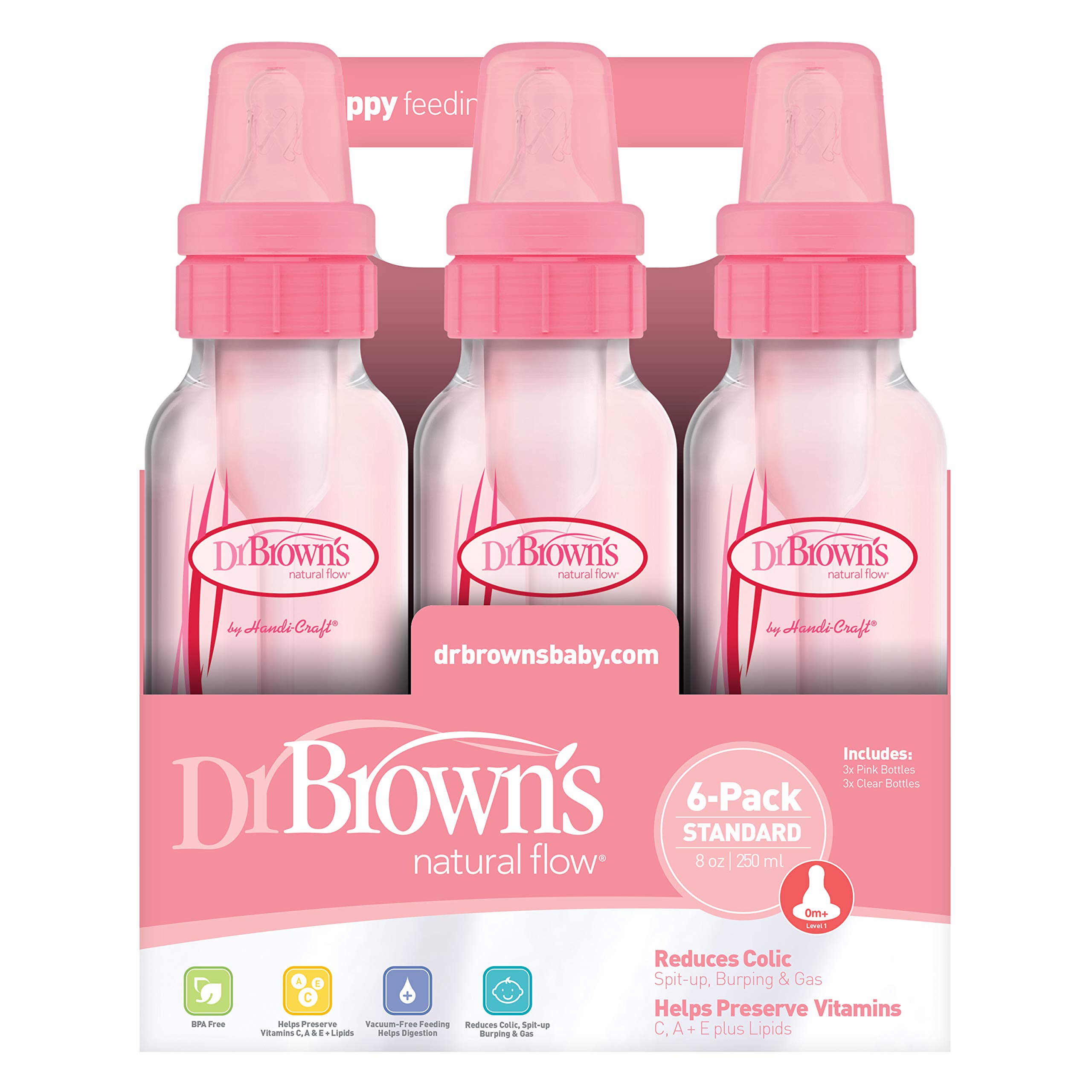 Dr. Brown's Original Baby Bottles, 8oz/250ml, Narrow Bottle, Pink and Clear, 6 Count