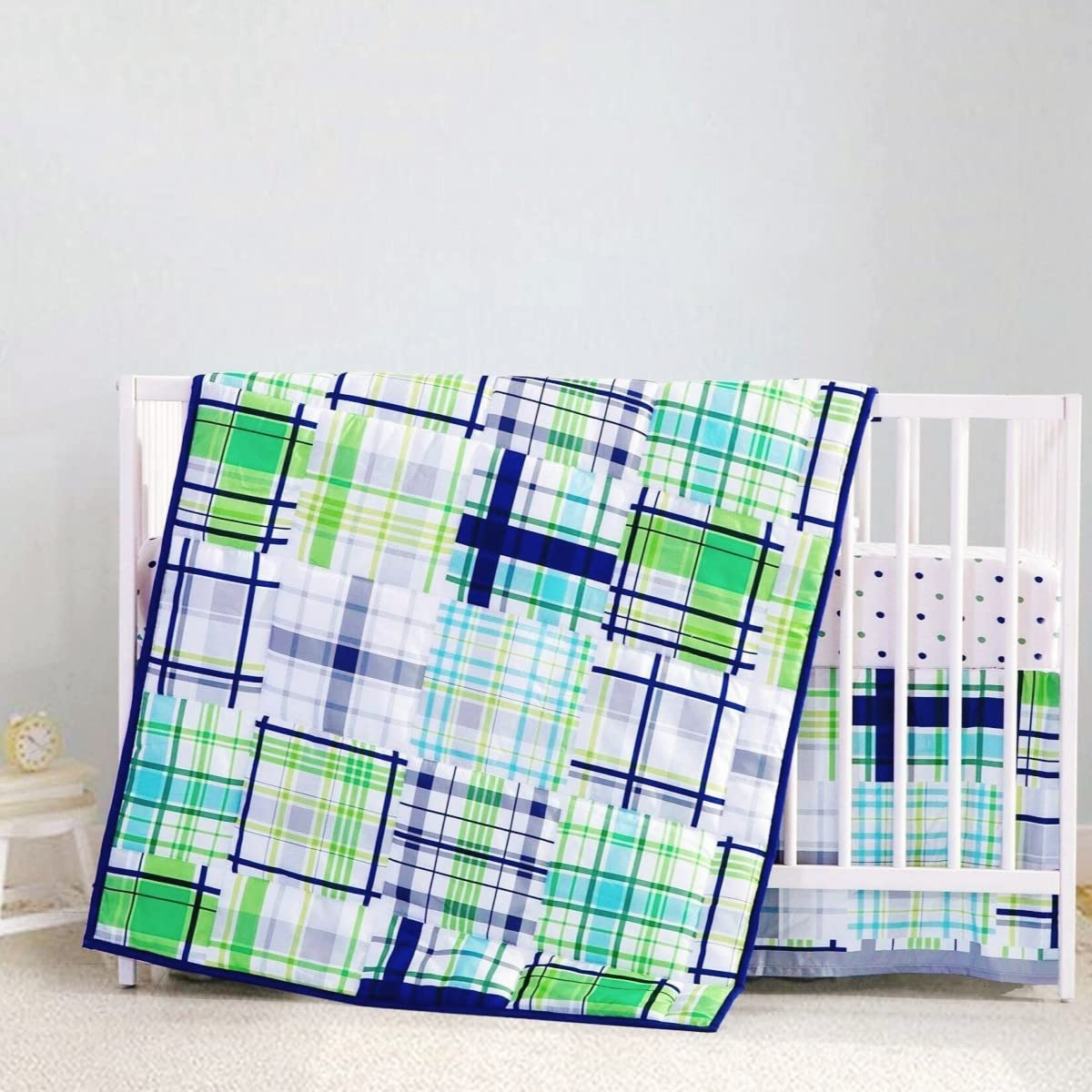 Little Grape Land 3 Piece Baby Crib Bedding Set, Plaid Standard Size Crib Set, Nursery Baby Bedding for Boys & Girls, Crib Sheet, Comforter, Crib Skirt, 28" x 52", Green