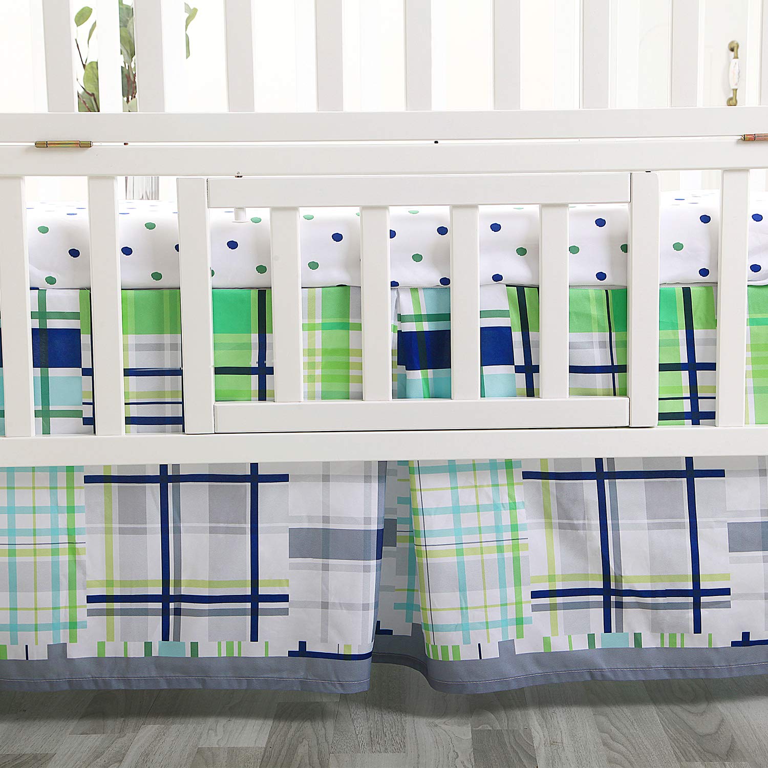 Little Grape Land 3 Piece Baby Crib Bedding Set, Plaid Standard Size Crib Set, Nursery Baby Bedding for Boys & Girls, Crib Sheet, Comforter, Crib Skirt, 28" x 52", Green