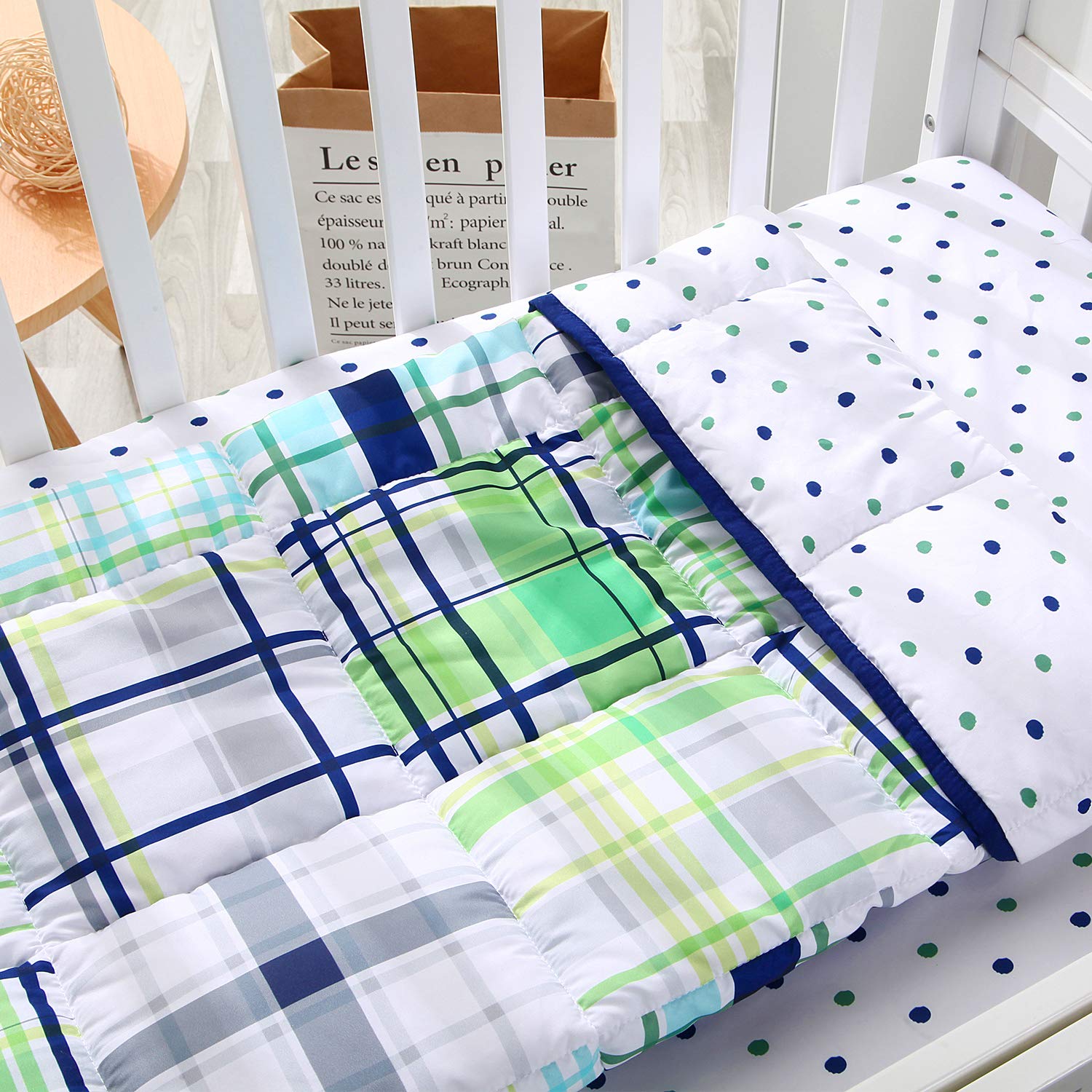 Little Grape Land 3 Piece Baby Crib Bedding Set, Plaid Standard Size Crib Set, Nursery Baby Bedding for Boys & Girls, Crib Sheet, Comforter, Crib Skirt, 28" x 52", Green