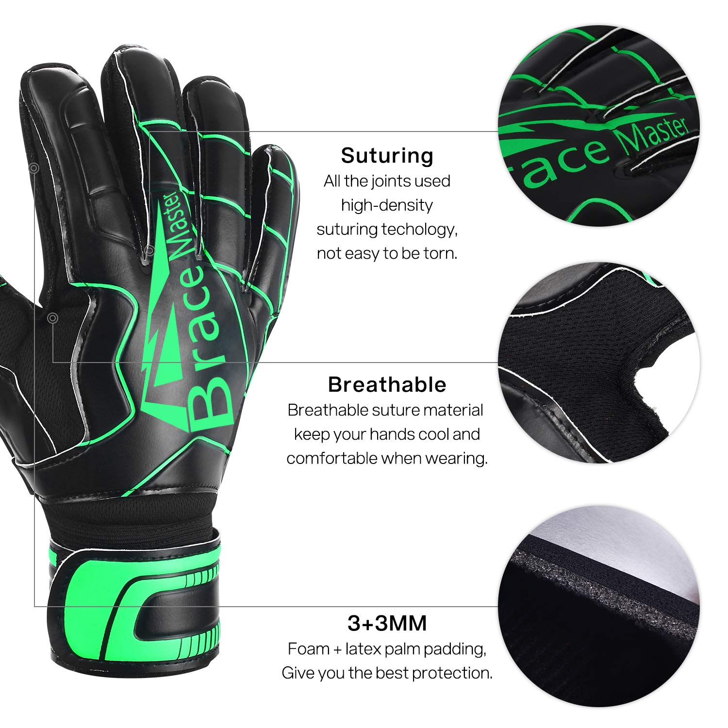 Goalie Gloves for Youth & Adult, Goalkeeper Gloves Kids with Finger Support, Black Latex Soccer Gloves for Men and Women, Junior Keeper Football Gloves for Training and Match