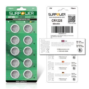 【5-Year Warranty】SURPOWER CR1225 3V Battery for Thermometer CR 1225 -10 Pack