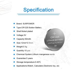 【5-Year Warranty】SURPOWER CR1225 3V Battery for Thermometer CR 1225 -10 Pack