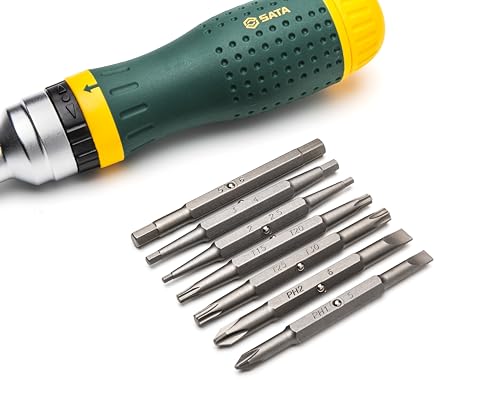 SATA 19-in-1 Multipurpose Ratcheting Screwdriver Set with 8 Double-Sided Bits and a Green and Yellow Oil-Resistant Handle - ST09350, 10 Piece