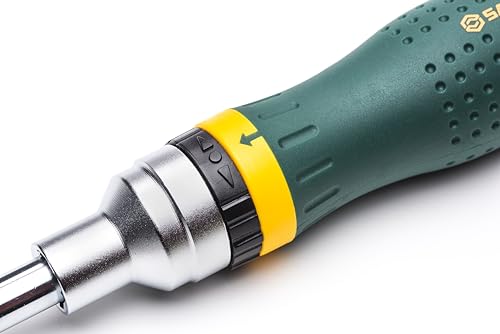 SATA 19-in-1 Multipurpose Ratcheting Screwdriver Set with 8 Double-Sided Bits and a Green and Yellow Oil-Resistant Handle - ST09350, 10 Piece