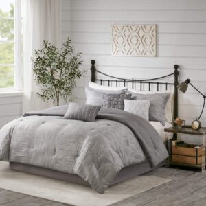 madison park walter comforter-luxe seersucker print design all season down alternative bedding, matching shams, bedskirt, decorative pillows, queen (90 in x 90 in), grey