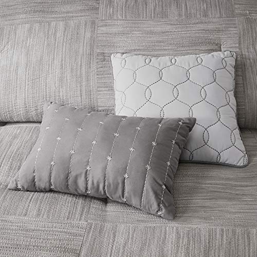 Madison Park Walter Comforter-Luxe Seersucker Print Design All Season Down Alternative Bedding, Matching Shams, Bedskirt, Decorative Pillows, Queen (90 in x 90 in), Grey