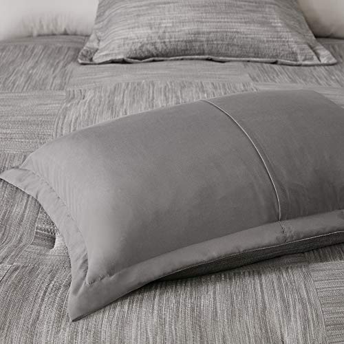 Madison Park Walter Comforter-Luxe Seersucker Print Design All Season Down Alternative Bedding, Matching Shams, Bedskirt, Decorative Pillows, Queen (90 in x 90 in), Grey