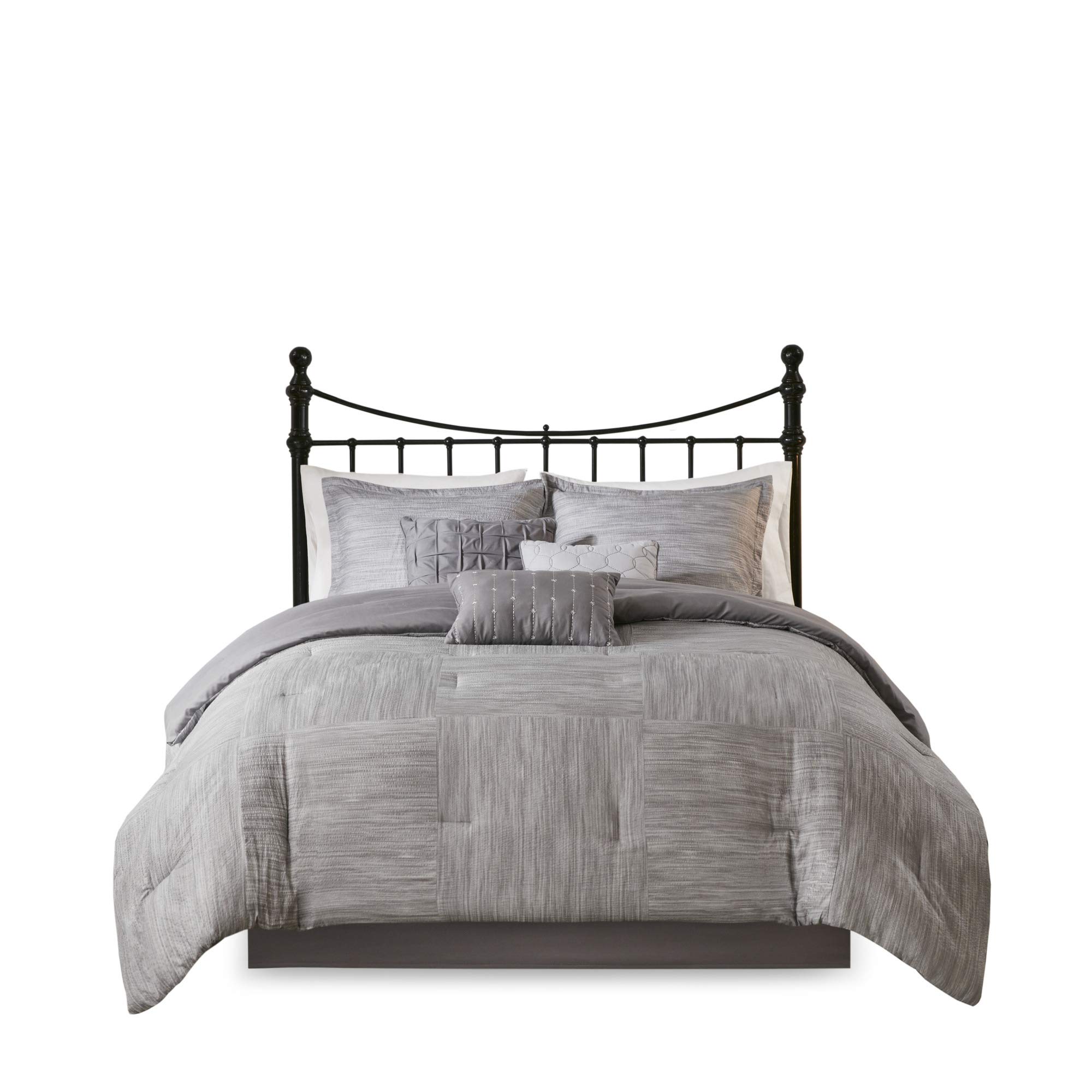 Madison Park Walter Comforter-Luxe Seersucker Print Design All Season Down Alternative Bedding, Matching Shams, Bedskirt, Decorative Pillows, Queen (90 in x 90 in), Grey