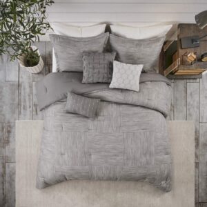 Madison Park Walter Comforter-Luxe Seersucker Print Design All Season Down Alternative Bedding, Matching Shams, Bedskirt, Decorative Pillows, Queen (90 in x 90 in), Grey