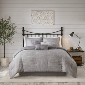 Madison Park Walter Comforter-Luxe Seersucker Print Design All Season Down Alternative Bedding, Matching Shams, Bedskirt, Decorative Pillows, Queen (90 in x 90 in), Grey