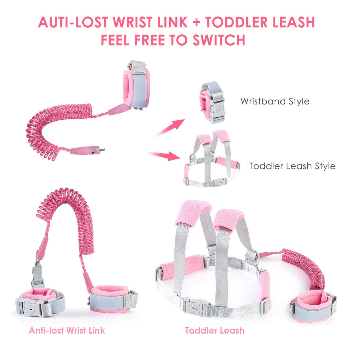 Yuehuam 2 in 1 Toddler Leash, Toddler Harness with Leash Girl Children Safety Anti Lost Wrist Link with Lock for Reflective Child Harness for Girls/Boys Travel