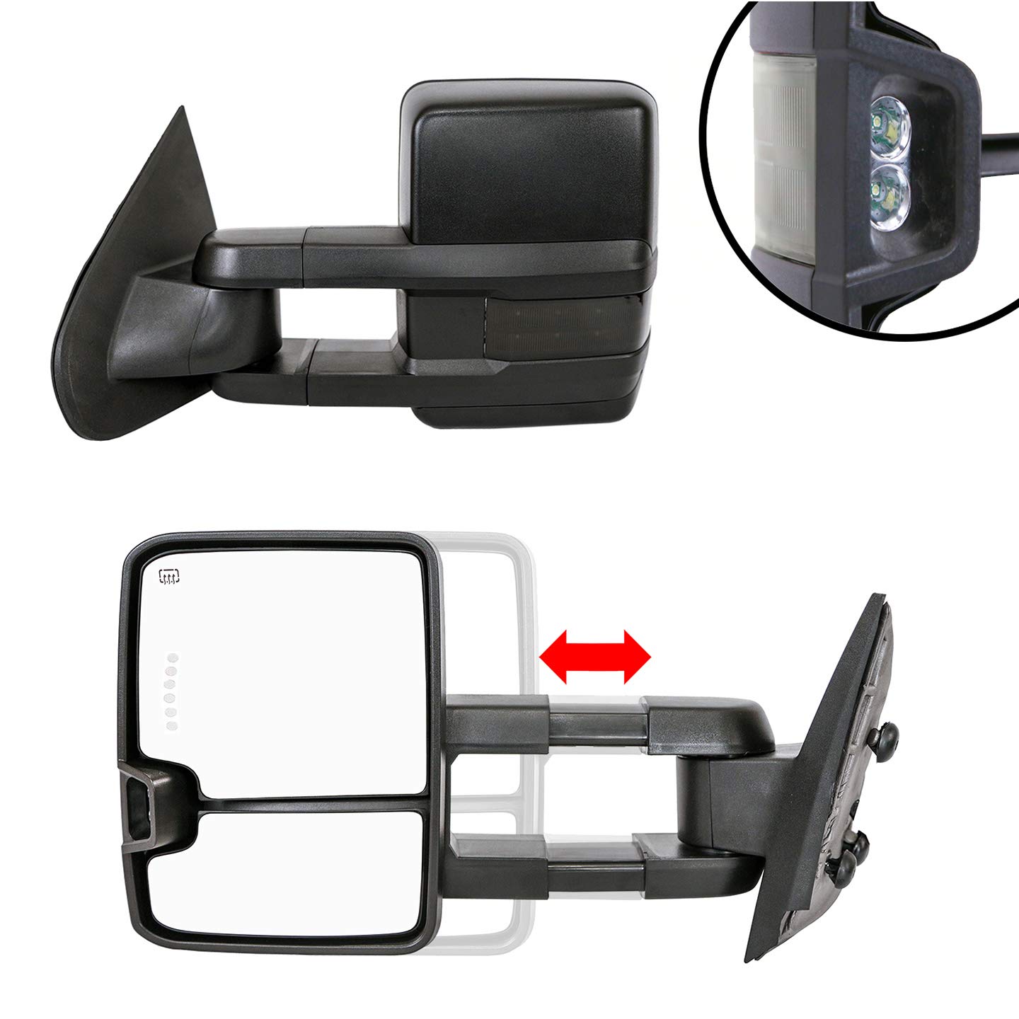 Paragon Telescopic Towing Mirrors 2014-18 Chevy Silverado/GMC Sierra 1500 & 2015-18 Silverado/Sierra 2500/3500 - Powered, Heated, Smoke Turn Signals, LED in Glass - Black Pair Set