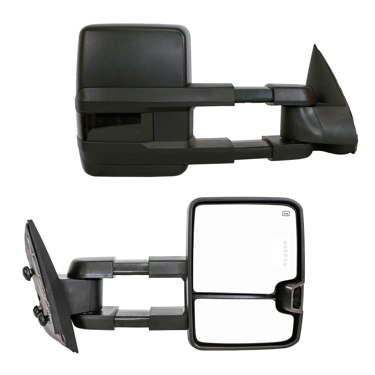 Paragon Telescopic Towing Mirrors 2014-18 Chevy Silverado/GMC Sierra 1500 & 2015-18 Silverado/Sierra 2500/3500 - Powered, Heated, Smoke Turn Signals, LED in Glass - Black Pair Set