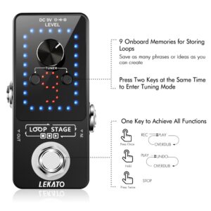 LEKATO Looper Guitar Pedal Guitar Loop Pedal Tuner Pedal 9 Loops 40 Minutes Record Time Unlimited Overdubs for Electric Guitar Bass (Black)