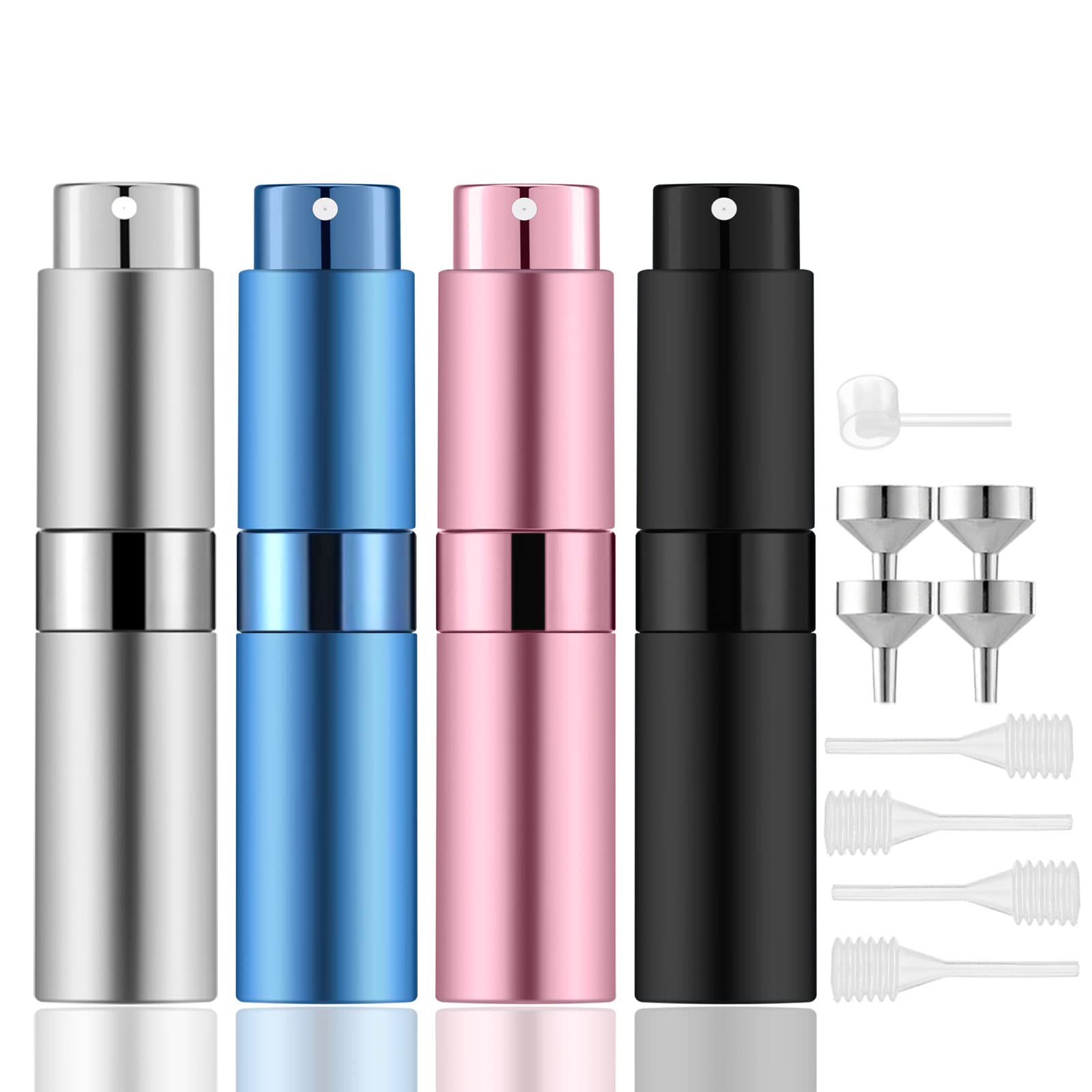 Lil Ray 8ml Portable Mini Perfume Atomizer(4 PCS)，Refillable Empty Small Spray Bottle for Travel, Twist Tpye Pocket Cologne Sprayer (Matte Black, Pink, Blue, Silver)