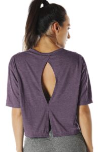 icyzone open back workout top shirts - yoga t-shirts activewear exercise crop tops for women (m, plum purple)