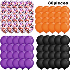 Tatuo 80 Pieces Halloween Balloons Set Confetti Balloons Latex Balloons for Birthday Baby Shower Wedding Graduation 4th of July Decorations, 12 Inch (Black, Orange, Purple)