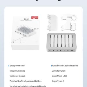 SooPii Premium 6-Port USB Charging Station Organizer for Multiple Devices, 6 Short Charging Cables and One Upgraded i-Watch Charger Holder Included, for Phones,Tablets and Other Electronics, Silver