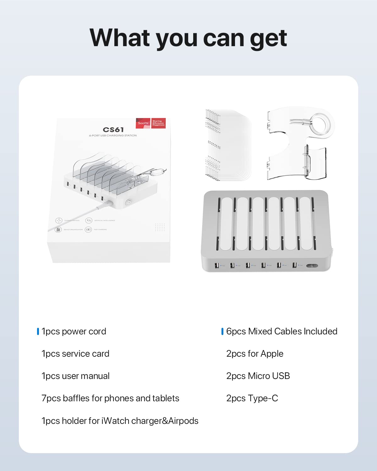 SooPii Premium 6-Port USB Charging Station Organizer for Multiple Devices, 6 Short Charging Cables and One Upgraded i-Watch Charger Holder Included, for Phones,Tablets and Other Electronics, Silver