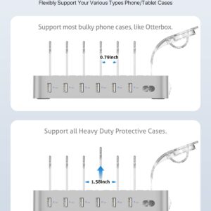 SooPii Premium 6-Port USB Charging Station Organizer for Multiple Devices, 6 Short Charging Cables and One Upgraded i-Watch Charger Holder Included, for Phones,Tablets and Other Electronics, Silver