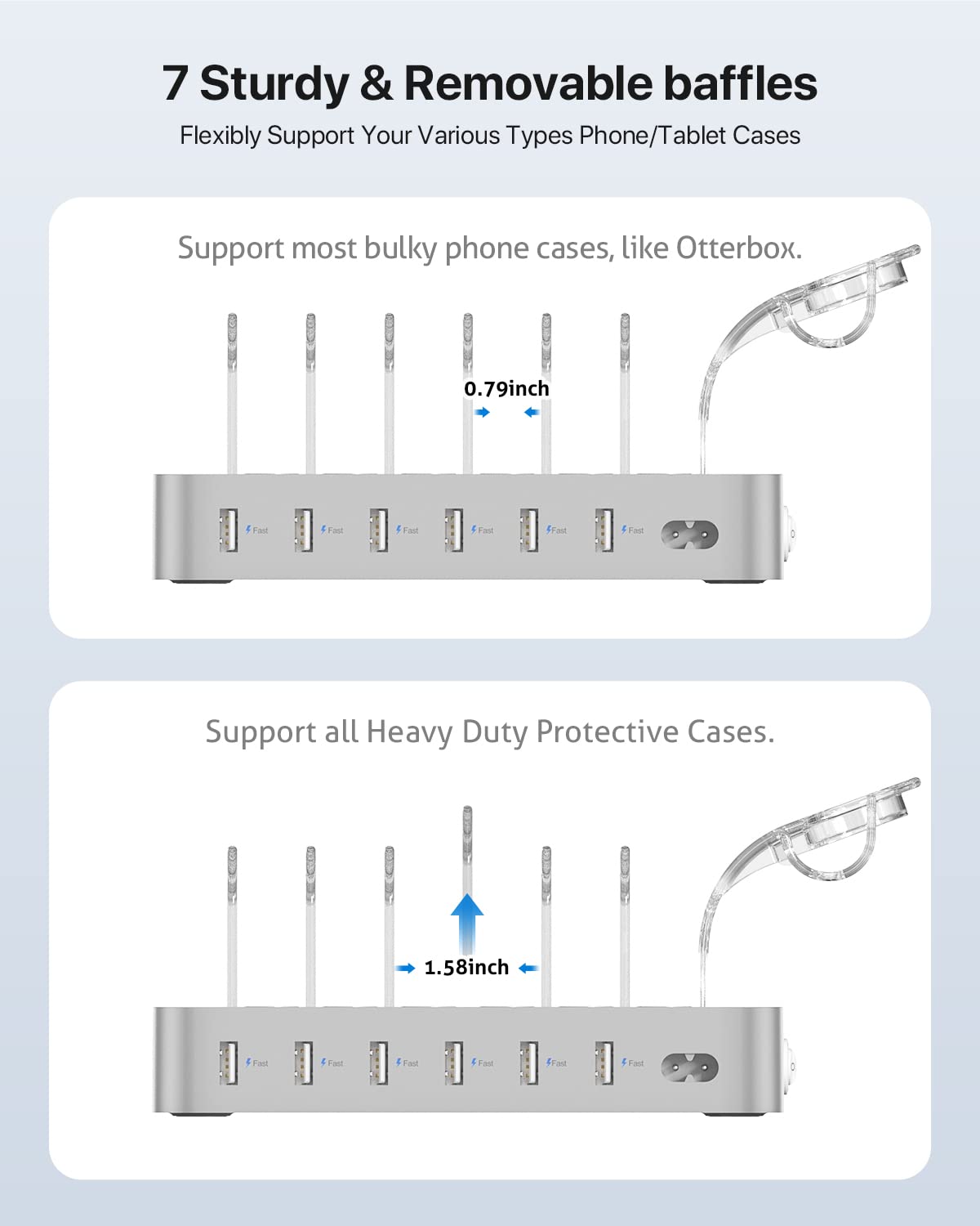 SooPii Premium 6-Port USB Charging Station Organizer for Multiple Devices, 6 Short Charging Cables and One Upgraded i-Watch Charger Holder Included, for Phones,Tablets and Other Electronics, Silver