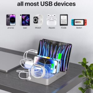 SooPii Premium 6-Port USB Charging Station Organizer for Multiple Devices, 6 Short Charging Cables and One Upgraded i-Watch Charger Holder Included, for Phones,Tablets and Other Electronics, Silver