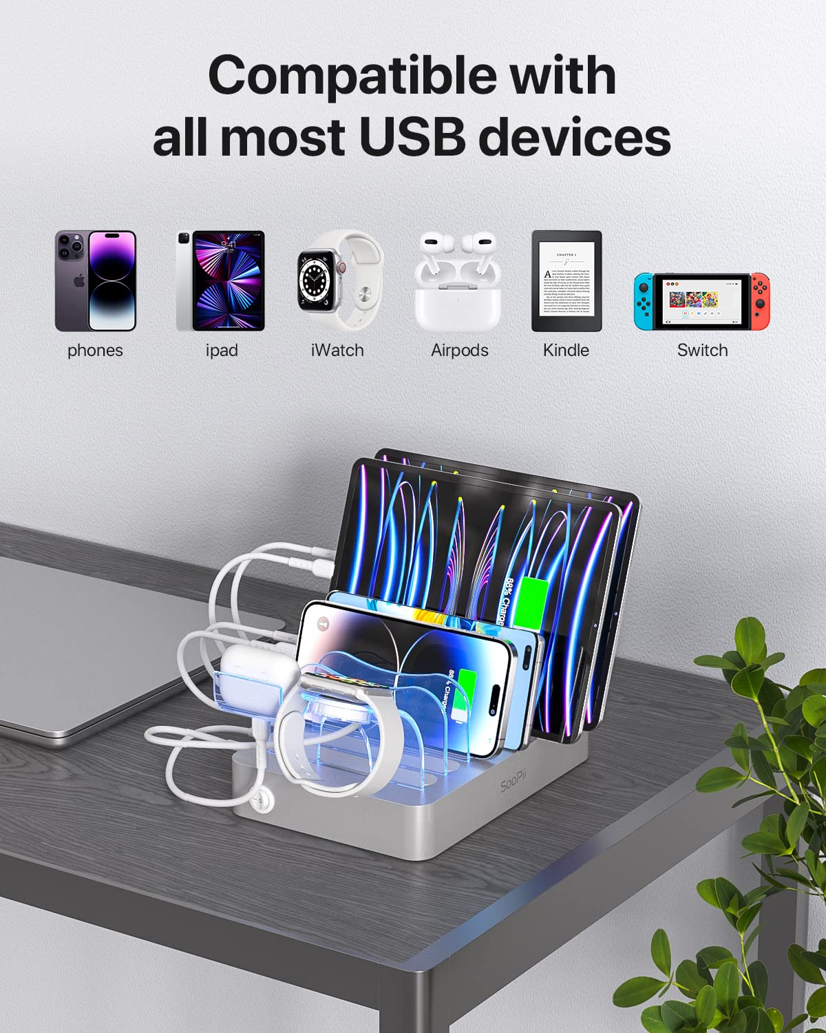 SooPii Premium 6-Port USB Charging Station Organizer for Multiple Devices, 6 Short Charging Cables and One Upgraded i-Watch Charger Holder Included, for Phones,Tablets and Other Electronics, Silver