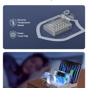 SooPii Premium 6-Port USB Charging Station Organizer for Multiple Devices, 6 Short Charging Cables and One Upgraded i-Watch Charger Holder Included, for Phones,Tablets and Other Electronics, Silver