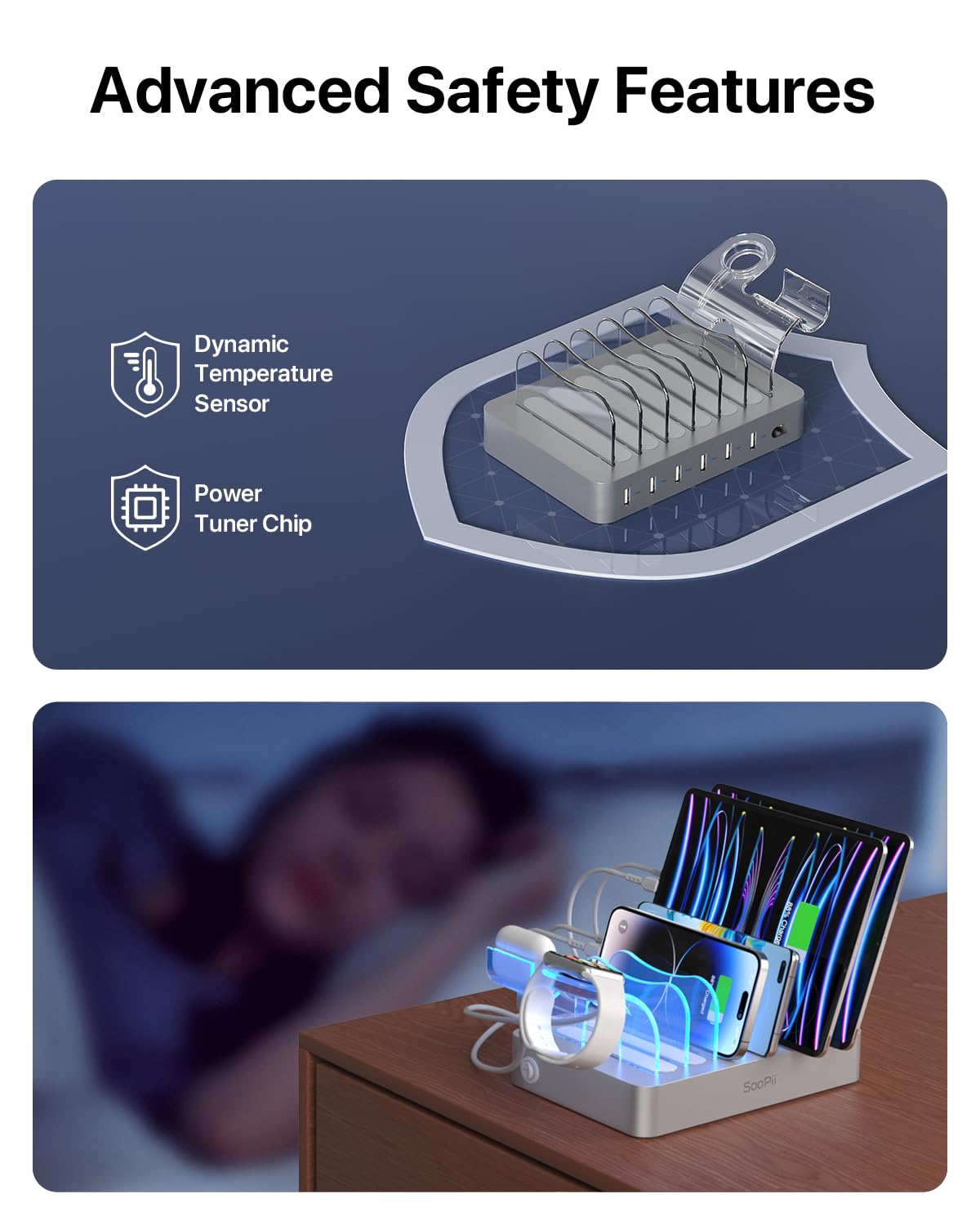 SooPii Premium 6-Port USB Charging Station Organizer for Multiple Devices, 6 Short Charging Cables and One Upgraded i-Watch Charger Holder Included, for Phones,Tablets and Other Electronics, Silver