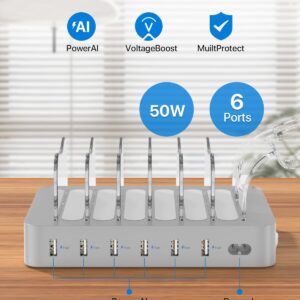 SooPii Premium 6-Port USB Charging Station Organizer for Multiple Devices, 6 Short Charging Cables and One Upgraded i-Watch Charger Holder Included, for Phones,Tablets and Other Electronics, Silver