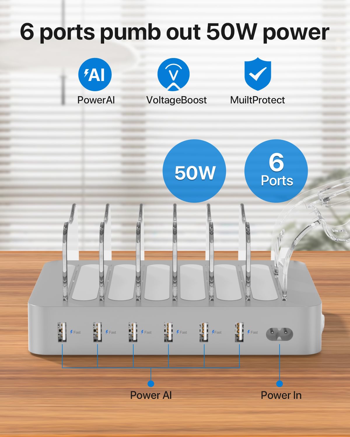 SooPii Premium 6-Port USB Charging Station Organizer for Multiple Devices, 6 Short Charging Cables and One Upgraded i-Watch Charger Holder Included, for Phones,Tablets and Other Electronics, Silver