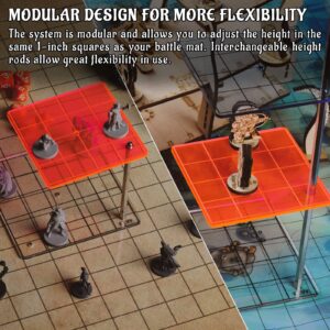 3D Combat Risers Set Colored Acrylic Connected by Metal Pillars Flying Miniature Flight Stand with 1 Inch SquareGrid Great Wargame Space for D&D and Other Tabletop RPG