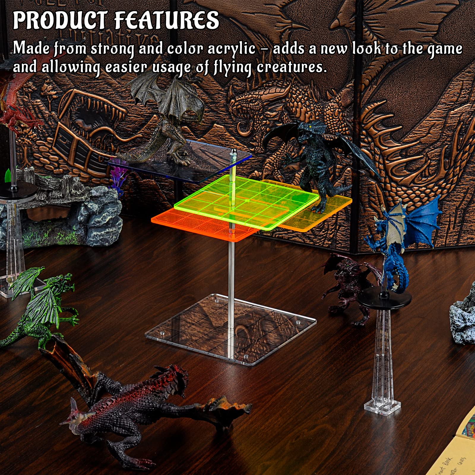 3D Combat Risers Set Colored Acrylic Connected by Metal Pillars Flying Miniature Flight Stand with 1 Inch SquareGrid Great Wargame Space for D&D and Other Tabletop RPG