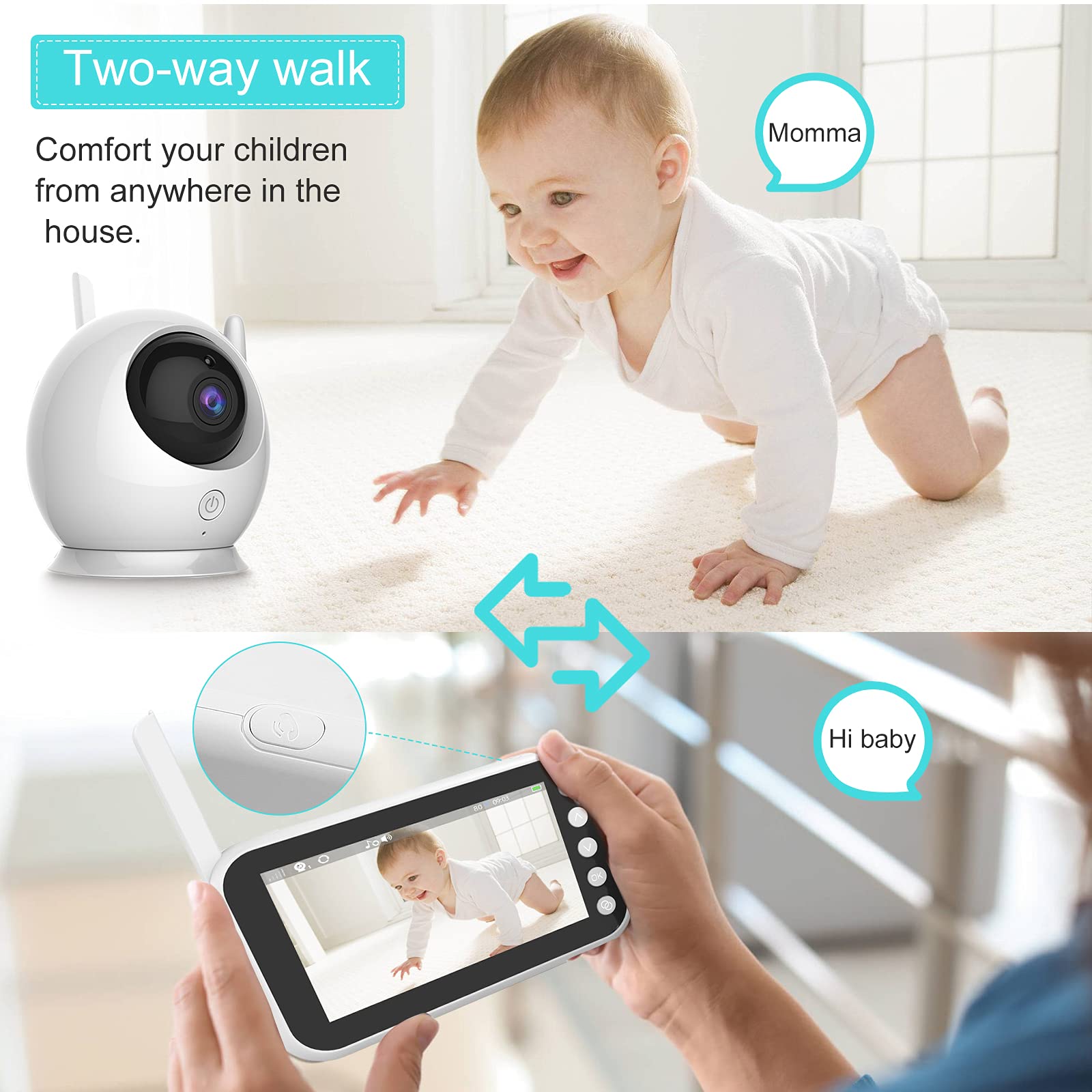 MYPIN Video Baby Monitor with Camera and Audio, Wireless Monitor Camera with 4.3 Inch LCD Screen Night Vision/Two-Way Talk/Temperature Monitor/Lullaby