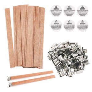 154pcs wood candle wicks, benbo 5.1 x 0.5 inch smokeless crackling wooden candle wicks natural candle wicks with iron stand candle warning labels for diy candle making craft (50 sets)