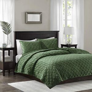 Madison Park Harper Quilt Set Velvet Casual Geometric Stitching Design All Season, Lightweight Coverlet, Cozy Bedding, Matching Shams, Full/Queen(90"x90"), Green 3 Piece