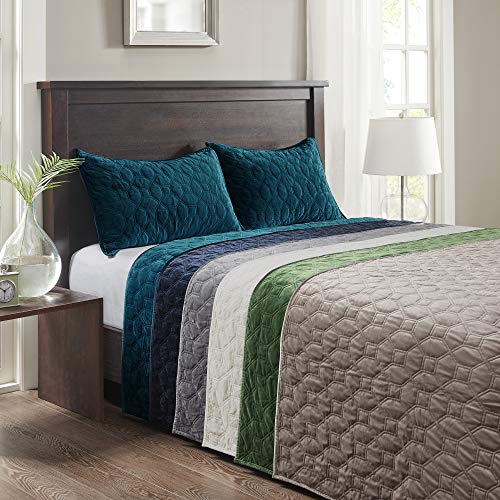 Madison Park Harper Quilt Set Velvet Casual Geometric Stitching Design All Season, Lightweight Coverlet, Cozy Bedding, Matching Shams, Full/Queen(90"x90"), Green 3 Piece