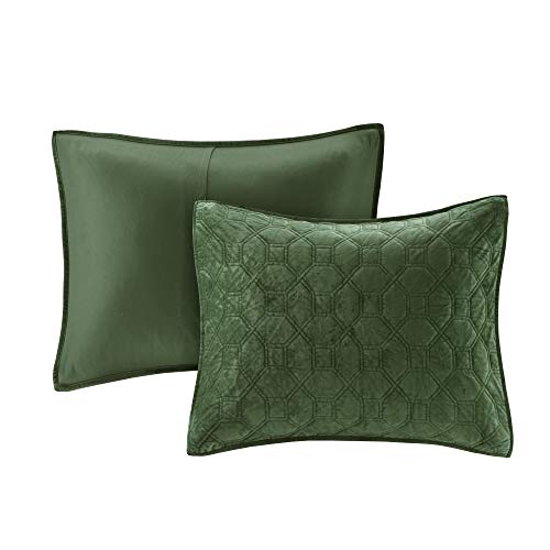 Madison Park Harper Quilt Set Velvet Casual Geometric Stitching Design All Season, Lightweight Coverlet, Cozy Bedding, Matching Shams, Full/Queen(90"x90"), Green 3 Piece