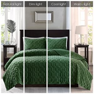 Madison Park Harper Quilt Set Velvet Casual Geometric Stitching Design All Season, Lightweight Coverlet, Cozy Bedding, Matching Shams, Full/Queen(90"x90"), Green 3 Piece