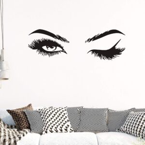 Fashionista Girl Wink Wall Decal with Beautiful Charming Eyelashes, Easy Peel and Stick Woman Mural Vinyl Art Decor for Living Room Bedroom(Y38) (Big)