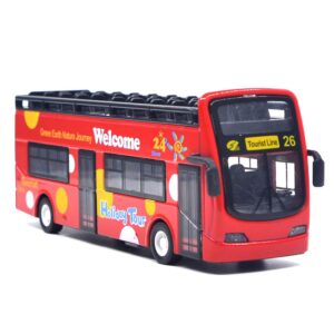 ailejia city bus sightseeing double decker bus model open top pull back toy die cast pull back vehicles mini model car lights and music (red)