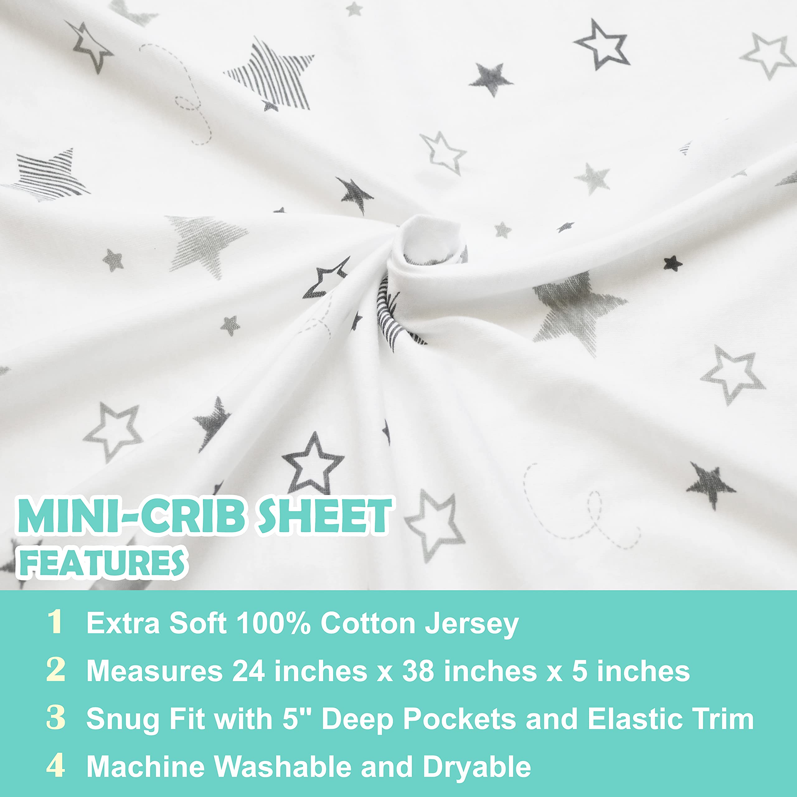 TL Care Fitted Mini Crib Sheet 24" x 38", Soft Breathable Neutral 100% Cotton Jersey Portable Sheet, Super Stars, for Boys and Girls, Fits Most Pack N Play and Mini Crib Mattresses