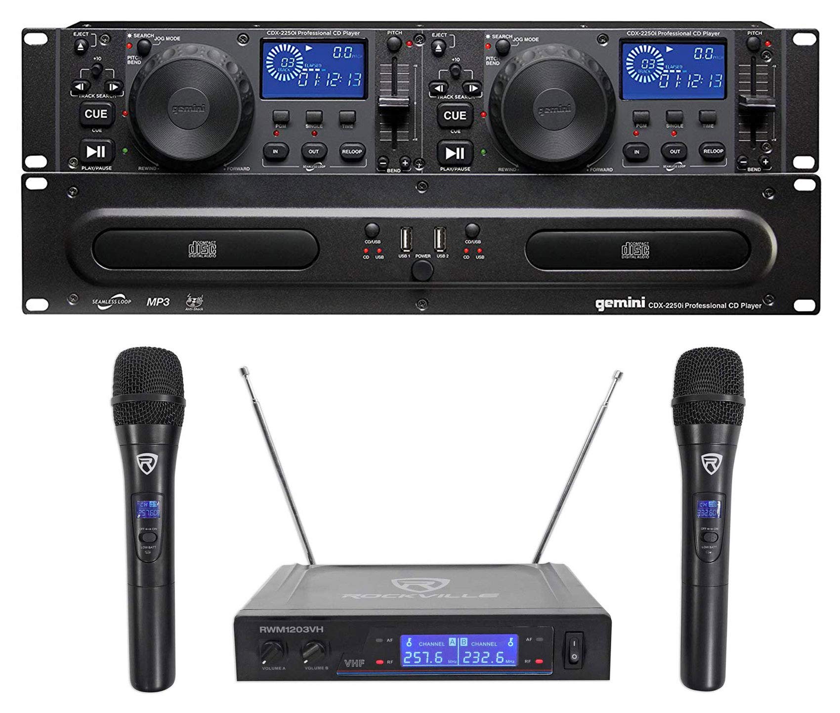 Gemini CDX-2250i Pro DJ Dual Two Deck Rack Mount CD/MP3 Media Player w/USB Bundle with RockvilIe RWM1203VHWireless Dual Handheld Microphone System/Digital Display