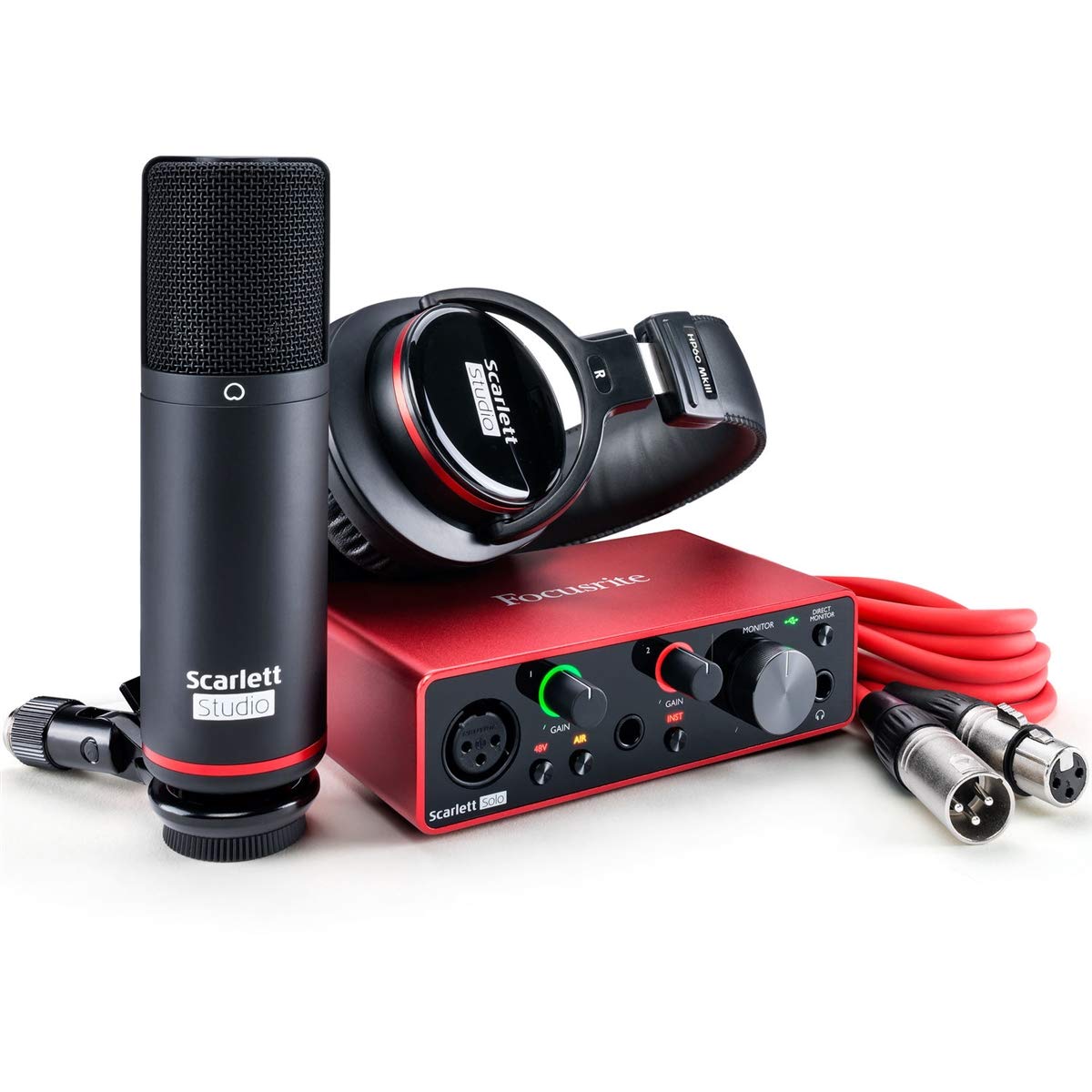 Focusrite Scarlett Solo Studio 3rd Gen USB Audio Interface Bundle with Boom Stand, XLR Cable and Pop Filter (4 Items)