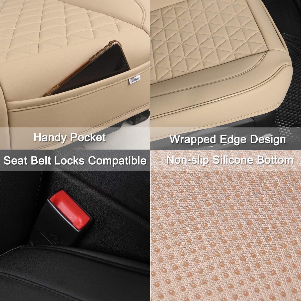 Black Panther Luxury Faux Leather Car Seat Cover Front Bottom Seat Cushion Cover, Anti-Slip and Wrap Around The Bottom, Fits 95% of Vehicles - 1 Piece,Beige