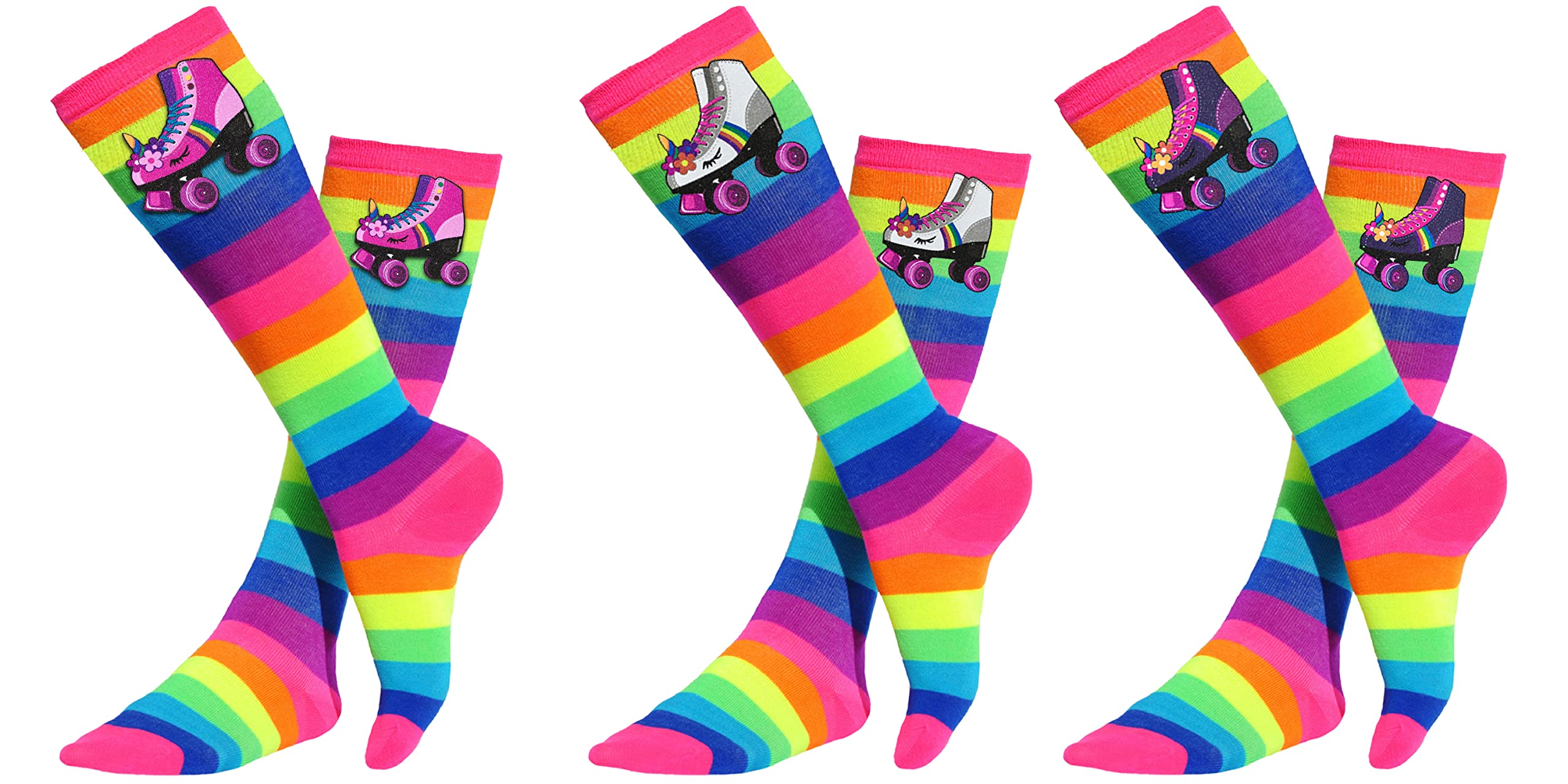 Bubblegum Divas Unicorn Roller Skating Glow Party Skate Knee High Socks Girls Youth (3 Pair)